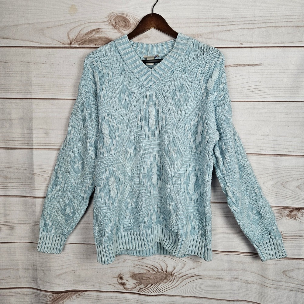 Vintage French Navy Baby Blue Textured Knit V-Neck Pullover Sweater Size Large